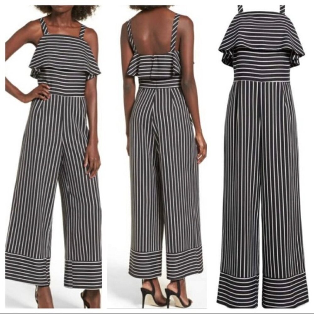 Women's L Leith Striped Wide Leg Jumpsuit Black/White Sleeveless Square Neck